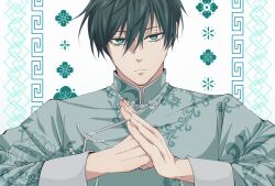 Rule 34 | 1boy, aqua eyes, blue lock, chinese clothes, clenched hand, closed mouth, commentary request, fingernails, flower, green hair, hair between eyes, highres, itoshi rin, long sleeves, looking at viewer, male focus, may (illust man 2020), short hair, solo