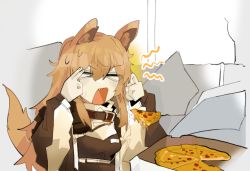 Rule 34 | &gt; &lt;, 1girl, animal ears, arknights, breasts, brown hair, brown jacket, ceobe (arknights), closed eyes, dog ears, dog girl, food, hairband, jacket, long hair, long sleeves, man levitating pizza (meme), medium breasts, meme, odmised, open clothes, open jacket, open mouth, shirt, solo, sweat, twintails, two-tone hairband, upper body, v-shaped eyebrows, very long hair