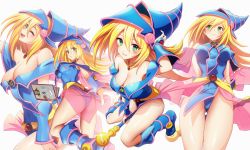 Rule 34 | 1girl, absurdres, adjusting clothes, adjusting headwear, ass, bare shoulders, between legs, blonde hair, blue footwear, blue leotard, blush, book, boots, breasts, cleavage, dark magician girl, duel monster, gibagiba, green eyes, hair between eyes, hat, highres, holding, holding book, huge filesize, jewelry, large breasts, leotard, long hair, looking at viewer, looking to the side, multiple views, necklace, one eye closed, open mouth, parted lips, pelvic curtain, pentacle, sitting, smile, taut clothes, thigh gap, thighs, wand, wariza, wizard hat, yu-gi-oh!