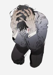 Rule 34 | 1boy, adachi tooru, black hair, business suit, cropped legs, facing down, formal, from above, grey background, grey jacket, grey pants, hands in hair, hands on own head, hands up, highres, jacket, kaninn, long sleeves, male focus, pants, persona, persona 4, shirt, short hair, simple background, sitting, solo, suit, white shirt