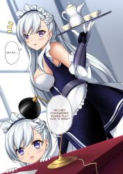 Rule 34 | 2girls, apron, azur lane, belfast (azur lane), blue dress, blush, braid, breasts, comic, cup, desk, desk lamp, dress, english text, french braid, gauntlets, gloves, highres, holding, holding clothes, holding skirt, holding tray, indoors, lamp, layered dress, little bel (azur lane), long hair, looking at viewer, maid, maid apron, maid headdress, medium breasts, multiple girls, notice lines, open mouth, purple eyes, sheita, silver hair, skirt, swept bangs, teacup, teapot, tray, white gloves, window