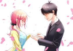 Rule 34 | 1boy, 1girl, :d, absurdres, black hair, black necktie, black scrunchie, black suit, blue dress, blunt bangs, blush, breasts, cardigan, closed eyes, collarbone, dress, engagement ring, floral print, formal, from side, go-toubun no hanayome, happy, happy tears, highres, holding hands, kurosaki coco, large breasts, nakano nino, necktie, open cardigan, open clothes, open mouth, petals, pink hair, marriage proposal, raised eyebrows, scrunchie, shirt, simple background, sleeves past wrists, smile, speech bubble, suit, tears, twintails, uesugi fuutarou, white background, white shirt, yellow cardigan