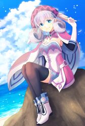 Rule 34 | 1girl, absurdres, black thighhighs, blue eyes, breasts, cape, cloud, cloudy sky, curly hair, dlllll lllllb, full body, gloves, hat, head wings, highres, looking at viewer, medium breasts, melia antiqua, ocean, rock, sitting, sitting on rock, sky, solo, thighhighs, white footwear, white gloves, white hair, wings, xenoblade chronicles (series), xenoblade chronicles 1