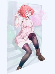Rule 34 | 1girl, ahoge, black thighhighs, boots, breasts, brown footwear, cherry blossoms, chinese commentary, grey eyes, head tilt, highres, hood, hoodie, kuriyama mirai, kyoukai no kanata, looking to the side, mingtian c ao, pink hair, pink hoodie, pink shorts, short hair, shorts, sitting, small breasts, smile, solo, stairs, thighhighs, tree