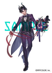 Rule 34 | 1boy, :d, asymmetrical horns, belt, belt buckle, belt chain, black belt, black flower, black footwear, black hair, black horns, black nails, black vest, blue eyes, bouquet, bow, bowtie, buckle, buttons, calla lily, chain, claw ring, coat, collared shirt, copyright notice, diamond button, ear piercing, fang, flower, formal, hair behind ear, hair between eyes, holding, holding bouquet, holding ribbon, horns, lapel pin, lapels, leaf, long sleeves, looking at viewer, male focus, mizutama (mao11260510), nijisanji, nijisanji en, official art, open clothes, open coat, open mouth, pants, peaked lapels, piercing, pink flower, pink rose, pocket square, pointy ears, purple bow, purple bowtie, purple coat, purple flower, purple pants, purple ribbon, purple rose, purple suit, red flower, red ribbon, ren zotto, ribbon, rose, sample watermark, shirt, shoes, short hair, simple background, smile, suit, tailcoat, teeth, uneven horns, vest, virtual youtuber, watermark, white background, white flower, white rose, white shirt