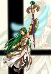 Rule 34 | 1girl, aqua eyes, arm up, armlet, bangle, belt, belt buckle, bracelet, bracer, brown belt, brown footwear, buckle, closed mouth, dress, full body, green hair, high heels, highres, holding, holding staff, jewelry, kid icarus, long hair, looking up, necklace, nintendo, nishikuromori, palutena, parted bangs, shield, side slit, single thighhigh, smash ball, smile, solo, staff, strapless, strapless dress, super smash bros., thighhighs, very long hair, white dress, white thighhighs, zoom layer