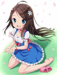 Rule 34 | 1girl, :d, ahoge, barefoot, blue dress, blue eyes, blush, bow, bracelet, brown hair, choker, collarbone, commentary request, dress, feet, flower, frilled dress, frills, hair flower, hair ornament, highres, jewelry, kimagure blue, long hair, looking at viewer, open mouth, original, petals, pink footwear, puffy short sleeves, puffy sleeves, red bow, red choker, shirt, shoes, unworn shoes, short sleeves, sidelocks, sitting, smile, soles, solo, swept bangs, teeth, toes, upper teeth only, very long hair, wariza, white flower, white shirt