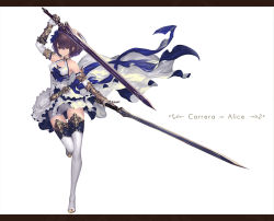 Rule 34 | 1girl, arm up, armor, armored dress, bare shoulders, breasts, brown hair, character name, cleavage, dual wielding, fantasy, full body, gauntlets, hair between eyes, highres, holding, holding sword, holding weapon, letterboxed, looking at viewer, original, red eyes, short hair, solo, sword, tachikawa mushimaro, weapon, white background