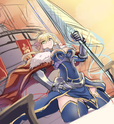 Rule 34 | 1girl, ahoge, armor, artoria pendragon (fate), artoria pendragon (lancer) (fate), blonde hair, breasts, cape, covered navel, dress, fate/grand order, fate (series), fur, gauntlets, green eyes, saber (fate), short hair, spear, thighhighs, weapon