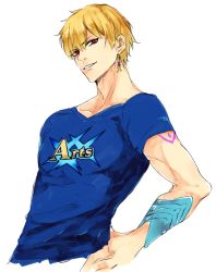 Rule 34 | 1boy, arts shirt, blonde hair, blue shirt, earrings, fate/grand order, fate (series), gilgamesh (fate), gilgamesh (caster) (fate), jewelry, looking at viewer, male focus, pvc parfait, red eyes, shirt, simple background, smirk, solo, upper body, white background
