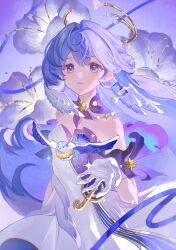 Rule 34 | 1girl, absurdres, animal, bare shoulders, bird, bird wings, blue eyes, chinese commentary, commentary request, detached collar, detached sleeves, dress, earrings, elbow gloves, flower, gloves, half updo, halo, head wings, highres, honkai: star rail, honkai (series), jewelry, long hair, looking at viewer, marking on cheek, parted lips, procreate (medium), purple background, purple flower, purple hair, robin (honkai: star rail), single earring, solo, sparkle, strapless, strapless dress, two-tone dress, upper body, white dress, white gloves, wings, xian520041