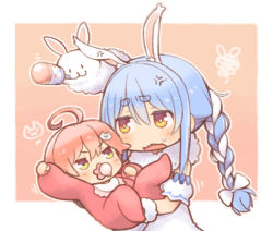 Rule 34 | 1other, 2girls, aged down, ahoge, anger vein, animal ear fluff, animal ears, baby, bib, black gloves, blue hair, blush, border, bow, braid, carrot hair ornament, chibi, commentary, creature, don-chan (usada pekora), food-themed hair ornament, fur-trimmed gloves, fur trim, gloves, green eyes, hair between eyes, hair bow, hair ornament, hairclip, hololive, kuro (kuroneko no kanzume), long braid, long hair, looking at another, motion lines, multicolored hair, multiple girls, onesie, open mouth, outline, outside border, pacifier, pink hair, rabbit, rabbit ears, rabbit girl, rattle, sakura miko, short eyebrows, sidelocks, squiggle, thick eyebrows, twin braids, usada pekora, usada pekora (1st costume), v-shaped eyebrows, virtual youtuber, white border, white bow, white outline, yellow eyes