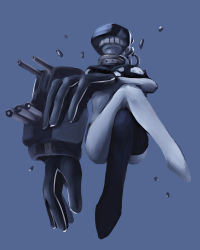 Rule 34 | 10s, 1girl, abyssal ship, bad id, bad pixiv id, bare legs, black gloves, black thighhighs, blue background, breasts, crossed legs, from below, full body, gloves, helmet, kantai collection, machinery, mito (mi-10), oversized forearms, oversized limbs, pale skin, simple background, single thighhigh, sitting, solo, thighhighs, torn clothes, tsu-class light cruiser, turret, underboob, zettai ryouiki