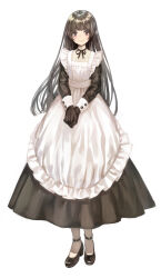Rule 34 | 1girl, apron, asahi yuuji, black bow, black bowtie, black dress, black footwear, black gloves, black hair, black ribbon, bow, bowtie, closed mouth, commentary, dress, flat chest, frilled apron, frills, full body, gloves, highres, long hair, long sleeves, looking at viewer, maid, maid apron, original, own hands together, pantyhose, red eyes, ribbon, shoes, simple background, sleeve cuffs, smile, standing, v arms, very long hair, white apron, white background, white pantyhose
