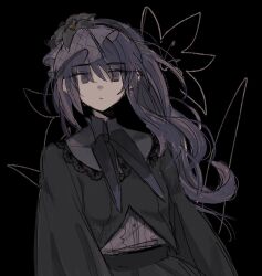 1girl asahina_mafuyu black_background black_dress black_flower blush dress flower hair_between_eyes hair_down hairband highres kono_matsuri_ni_yuuyami_iro_mo_(project_sekai) long_hair long_sleeves looking_at_viewer luwwakk official_alternate_costume official_alternate_hair_length official_alternate_hairstyle open_mouth project_sekai purple_eyes purple_hair simple_background solo