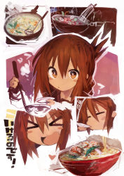 Rule 34 | &gt; &lt;, 1girl, absurdres, blowing, bowl, bright pupils, brown hair, champon, commentary request, cooking, closed eyes, folded ponytail, food, frying pan, hair between eyes, happy, heart, highres, holding, holding ladle, inazuma (kancolle), kaamin (mariarose753), kantai collection, ladle, long hair, long sleeves, open mouth, outline, outside border, plate, school uniform, serafuku, smile, tasting, tasting plate, translation request, v-shaped eyebrows, white pupils, yellow eyes