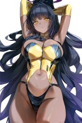 Rule 34 | 1girl, ahoge, alternate costume, arm tattoo, armpits, arms up, black hair, blue archive, blush, breasts, cleavage, curvy, dark-skinned female, dark skin, detached collar, elbow gloves, gloves, groin, hair intakes, halo, hashtag-only commentary, highleg, highleg panties, highres, karin (blue archive), large breasts, long hair, looking at viewer, navel, panties, pinkmill, shiny skin, simple background, solo, stomach, strapless, tattoo, thong, underwear, very long hair, white background, wide hips, yellow eyes, yellow gloves, zipper pull tab