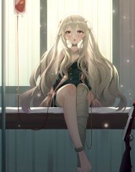 Rule 34 | 1girl, assault rifle, bandaged leg, bandages, barefoot, blood, blood bag, blue dress, commentary request, dress, full body, girls&#039; frontline, gun, hair between eyes, highres, indoors, intravenous drip, kimi (jxrm5387), long hair, looking at viewer, on bed, open mouth, ribeyrolles (girls&#039; frontline), ribeyrolles 1918, rifle, sidelocks, sitting, solo, twintails, very long hair, weapon, white hair, window