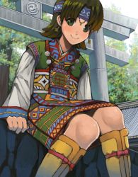 Rule 34 | 1girl, ainu clothes, bad drawr id, bad id, boots, brown hair, drawr, earrings, ethnic clothing, face, goe, green eyes, headband, jewelry, knee boots, knees together feet apart, long sleeves, looking at viewer, oekaki, parted bangs, short hair, shrine, sitting, smile, solo, torii, traditional clothes, tree, valkyrie profile (series), yumei (valkyrie profile), yumei (vp)