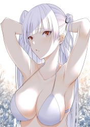 Rule 34 | 1girl, armpits, arms behind head, arms up, bad id, bad pixiv id, bikini, bra, breasts, cleavage, collarbone, highres, large breasts, long hair, looking at viewer, nue0, original, parted lips, red eyes, silver hair, simple background, solo, swimsuit, underwear, upper body, white theme