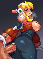 Rule 34 | 1boy, 1girl, alia (mega man), android, ass, blonde hair, blush, bodysuit, breasts, cum, cum in pussy, drcockula, drooling, inverted nipples, large breasts, mega man (series), mega man x (series), pussy, robot, sex, thick thighs, thighs