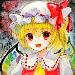 1girl :d ascot blonde_hair bow crystal crystal_wings fang flandre_scarlet frilled_shirt_collar frills hat hat_ribbon highres looking_at_viewer mob_cap nyonsuke open_mouth puffy_sleeves red_eyes red_vest ribbon shikishi short_hair side_ponytail smile solo touhou traditional_media upper_body vest wings yellow_ascot