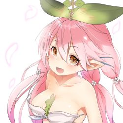 Rule 34 | 1girl, bare shoulders, between breasts, bikini, bikini top only, blush, breasts, brown eyes, cleavage, collarbone, glowing, granblue fantasy, hair ornament, heart, leaf hair ornament, looking at viewer, low twintails, medium breasts, monster girl, pink hair, plant girl, pointy ears, rai (sakuranbo sugar), simple background, solo, strapless, strapless bikini, swimsuit, tri tails, twintails, upper body, white background, white bikini, yggdrasill (granblue fantasy)