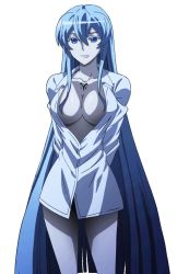 Rule 34 | 10s, 1girl, akame ga kill!, aqua eyes, aqua hair, blue eyes, blue hair, breasts, cleavage, colored eyelashes, dress shirt, esdeath, highres, large breasts, long hair, long sleeves, looking at viewer, matching hair/eyes, naked shirt, no bra, shirt, simple background, solo, standing, stitched, tattoo, thighs, third-party edit, very long hair, white background