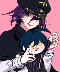 Rule 34 | 1boy, ahoge, bad id, bad pixiv id, black cape, black hair, black hat, cape, character doll, commentary request, danganronpa (series), danganronpa v3: killing harmony, doll, hair between eyes, hands up, hat, highres, holding, jacket, kokeshi 1101, long sleeves, looking at viewer, lower teeth only, male focus, oma kokichi, open mouth, peaked cap, pink background, purple eyes, purple hair, saihara shuichi, short hair, simple background, smile, solo, straitjacket, striped clothes, striped jacket, teeth, upper body, white jacket