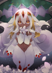 Rule 34 | 1girl, absurdres, animal ears, body fur, brown eyes, covering privates, covering breasts, dark skin, ebichiri sunday, extra arms, faputa, flower, furry, highres, made in abyss, monster girl, multiple tails, navel, nude, short hair, tail, white hair