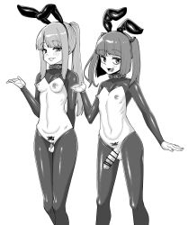 Rule 34 | 2boys, bar censor, belt collar, breasts, censored, chastity cage, collar, flat chastity cage, futanari, highres, long hair, m1kuzu, meme attire, monochrome, multiple boys, penis, ponytail, pubic tattoo, rabbit ears, reverse bunnysuit, reverse outfit, small breasts, tattoo, testicles, trap, twintails, veins, veiny penis
