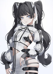 1girl absurdres arm_belt bdsm belt black_belt black_hair black_panties blue_eyes chest_belt chest_harness contrapposto drill_hair drill_ponytail ear_piercing fake_nails hair_ribbon harness high_side_ponytail highres midriff midriff_peek navel nmi_panta o-ring o-ring_harness original panties piercing revealing_clothes ribbon solo thigh_belt thigh_strap thighs too_many too_many_belts underwear white_ribbon