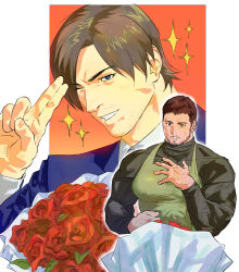 Rule 34 | 123456dyom, 2boys, absurdres, apron, bara, beard stubble, black hair, black shirt, blue jacket, bouquet, brown hair, chris redfield, facial hair, flower, green apron, hand hair, hand on own chest, highres, holding, holding bouquet, huge pectorals, jacket, leon s. kennedy, light blush, male focus, multiple boys, muscular, muscular male, mustache stubble, one eye closed, pectorals, red flower, red rose, resident evil, resident evil 6, rose, shirt, short hair, smile, stubble, white shirt, yaoi