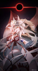 Rule 34 | 1girl, absurdres, animal ear fluff, animal ears, bare legs, blonde hair, blood, blood on hands, bow, commentary, crown, dark background, detached collar, extra ears, fangs, fate/grand order, fate (series), finger to mouth, fingernails, fomnant, foot out of frame, fox ears, fox girl, fox tail, fur-trimmed kimono, fur trim, hakama, hakama short skirt, hakama skirt, highres, japanese clothes, kimono, knee up, koyanskaya (fate), koyanskaya (lostbelt beast:iv) (fate), long hair, looking at viewer, monster girl, multiple tails, ofuda, open mouth, red bow, red ribbon, red rope, ribbon, ribbon-trimmed headwear, ribbon-trimmed sleeves, ribbon trim, rope, rope belt, sharp fingernails, skirt, solo, standing, standing on one leg, tail, tamamo (fate), twitter username, white kimono, white skirt, yellow eyes
