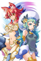 Rule 34 | 2girls, animal ear fluff, animal ears, armor, bikini armor, blue bow, blue gloves, blue thighhighs, blush, bow, breasts, brown eyes, character request, closed mouth, gloves, green eyes, green hair, grey shirt, hair between eyes, hair bow, hat, knee up, large breasts, leotard, leotard under clothes, long hair, looking at viewer, mimonel, multiple girls, navel, shinrabanshou, shirt, sleeveless, sleeveless shirt, small breasts, smile, thighhighs, white headwear, white leotard