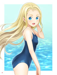 Rule 34 | 1girl, absurdres, blonde hair, blue eyes, blue one-piece swimsuit, breasts, commentary request, competition school swimsuit, cowboy shot, highres, kofune ushio, long hair, looking at viewer, nao suke, one-piece swimsuit, school swimsuit, small breasts, smile, solo, summertime render, swimsuit, very long hair