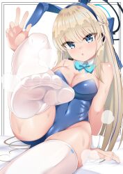 Rule 34 | 1girl, absurdres, animal ears, aqua bow, aqua bowtie, arm support, bare shoulders, bed sheet, blonde hair, blue archive, blue eyes, blue hair, blue leotard, bow, bowtie, braid, breasts, cleavage, covered erect nipples, detached collar, earrings, eyelashes, fake animal ears, feet, foot focus, foot up, foreshortening, hair between eyes, hand up, headset, highres, jewelry, knee up, large breasts, leotard, long hair, monkey kusai, multicolored hair, no shoes, on bed, playboy bunny, rabbit ears, sidelocks, skindentation, smell, soles, solo, steaming body, strapless, strapless leotard, streaked hair, stud earrings, sweatdrop, thighhighs, thighs, toes, toki (blue archive), toki (bunny) (blue archive), very long hair, white thighhighs, wrist cuffs