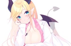 Rule 34 | 1girl, black horns, blonde hair, blue eyes, blush, breast tattoo, breasts, cleavage, closed mouth, coat, collared shirt, commentary, demon girl, demon horns, demon tail, demon wings, frilled shirt, frills, hand on own chin, head rest, hololive, horns, koori, lab coat, large breasts, long hair, looking at viewer, low neckline, lying, on stomach, pink shirt, pointy ears, shirt, simple background, smile, solo, swept bangs, tail, tattoo, virtual youtuber, white background, white coat, winged heart, winged heart tattoo, wings, yuzuki choco, yuzuki choco (1st costume)