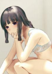 Rule 34 | 1girl, black hair, blunt bangs, bra, braid, commentary request, cowboy shot, hand on own face, highres, kantai collection, kitakami (kancolle), long hair, looking at viewer, mouth hold, rubber band, sakieko, sidelocks, sitting, solo, underwear, underwear only, white bra