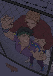 Rule 34 | 2boys, absurdres, against fence, anal, black hair, blonde hair, cheekbones, clenched teeth, clothes pull, diamond wa kudakenai, fence, flat color, green eyes, grimace, half-closed eyes, highres, holding another&#039;s wrist, jojo no kimyou na bouken, killerohan, kira yoshikage, kishibe rohan, male focus, male penetrated, multiple boys, muted color, pants, pants pull, shoes, sneakers, sweat, teeth, wristband, yaoi, zipper