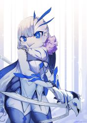 Rule 34 | 1girl, absurdres, beak, bird girl, blue cape, blue thighhighs, bow (weapon), cape, elbow gloves, feathers, flat chest, fur trim, gloves, grey gloves, grey hair, hand on own arm, highres, holding, holding bow (weapon), holding weapon, korean commentary, long hair, original, solo, tajyador, thighhighs, very long hair, weapon