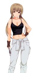 Rule 34 | 1girl, breasts, brown hair, cleavage, dmm, drive on requesta, female focus, fingerless gloves, game cg, gloves, large breasts, legs, long hair, looking at viewer, midriff, navel, orange eyes, simple background, smile, solo, standing, tank top, thighs, twintails, white background, wrench