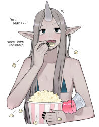 Rule 34 | 1boy, androgynous, artificial vagina, bikini, bikini top only, black nails, blush, earrings, eating, english text, food, horns, jewelry, long hair, looking at viewer, ohasi, oni (ohasi), oni horns, open mouth, original, pointy ears, popcorn, sex toy, simple background, single horn, swimsuit, white background