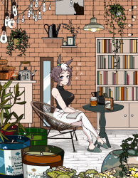 Rule 34 | 1girl, animal ears, book, bookshelf, bowl, bread, breasts, brick wall, brown hair, candle, casual, cat, chair, character name, closed mouth, commentary request, food, french text, full-length mirror, hanging lantern, hanging light, hanging plant, highres, horse ears, horse girl, indoors, jar, kettle, large breasts, light bulb, looking at viewer, mejiro ryan (umamusume), mirror, multicolored hair, open book, pants, pitcher (container), plant, potted plant, shirt, short hair, sitting, sleeveless, sleeveless shirt, slippers, smile, solo, suya (jzup2735), table, translation request, turtleneck, two-tone hair, umamusume, watering can, white hair, white pants, wicker furniture, wooden floor