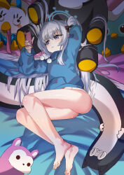 Rule 34 | 1girl, ass, barefoot, blue archive, blue halo, blue hoodie, blush, bottomless, cellphone, closed mouth, grey hair, halo, highres, holding, holding phone, hood, hoodie, long hair, long sleeves, miyako (blue archive), miyako (young) (blue archive), official alternate costume, one side up, peroro (blue archive), phone, pom pom (clothes), purple eyes, smartphone, solo, stuffed animal, stuffed cat, stuffed toy, toes, yuacalo