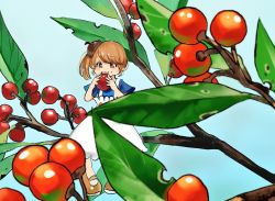 Rule 34 | 1girl, berry, blue background, blue shirt, blush, branch, brown eyes, brown footwear, brown hair, brown hat, commentary request, copyright request, currant, dress, eating, food, food request, foot dangle, fruit, hat, holding, holding food, holding fruit, in tree, leaf, mary janes, mini person, minigirl, mole, pigeon-toed, pinafore dress, sako (35s 00), shirt, shoes, short sleeves, side ponytail, sitting, sitting in tree, sleeveless, sleeveless dress, solo, tree, white dress