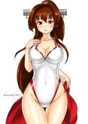 Rule 34 | 1girl, adapted costume, blush, breasts, brown hair, cherry blossoms, cleavage, collarbone, competition swimsuit, headgear, kantai collection, kudou (ooabareteng), long hair, looking at viewer, one-hour drawing challenge, one-piece swimsuit, ponytail, simple background, solo, swimsuit, towel, twitter username, white background, white one-piece swimsuit, yamato (kancolle)