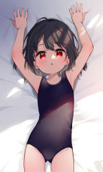 Rule 34 | 1girl, :o, absurdres, armpits, arms up, bed sheet, black hair, black one-piece swimsuit, child, highres, looking at viewer, lying, meito (maze), on back, one-piece swimsuit, original, red eyes, short hair, solo, swimsuit, thighs