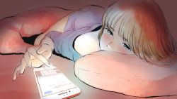Rule 34 | 1girl, absurdres, aino (acilealaulica), blush, brown hair, cellphone, face in pillow, green eyes, highres, long hair, lying, mole, mole under eye, on bed, original, phone, fake phone screenshot, pillow, smartphone, solo, under covers