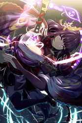 Rule 34 | 1girl, absurdres, armor, artist logo, braid, breasts, bridal gauntlets, cleavage, closed mouth, commentary, electricity, english commentary, expressionless, flower, full body, genshin impact, glowing, glowing eyes, glowing weapon, hair flower, hair ornament, highres, human scabbard, japanese clothes, kimono, large breasts, long hair, looking at viewer, low-braided long hair, low-tied long hair, mitsudomoe (shape), mole, mole under eye, musou isshin (genshin impact), obi, obiage, obijime, off shoulder, purple eyes, purple hair, purple kimono, purple thighhighs, raiden shogun, samacho, sash, shoulder armor, solo, thighhighs, tomoe (symbol), very long hair, weapon, wide sleeves, zettai ryouiki